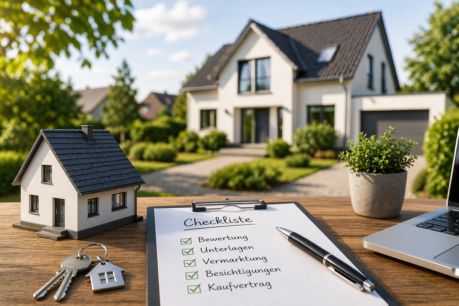 Haus im Hintergrund mit einer Checkliste mit den wichtigsten Punkten zum Hausverkauf